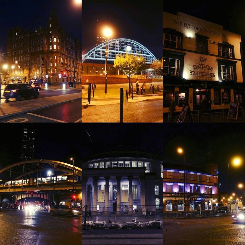 Collage of Manchester street scenes at night, including a bridge, a pub, and city buildings.