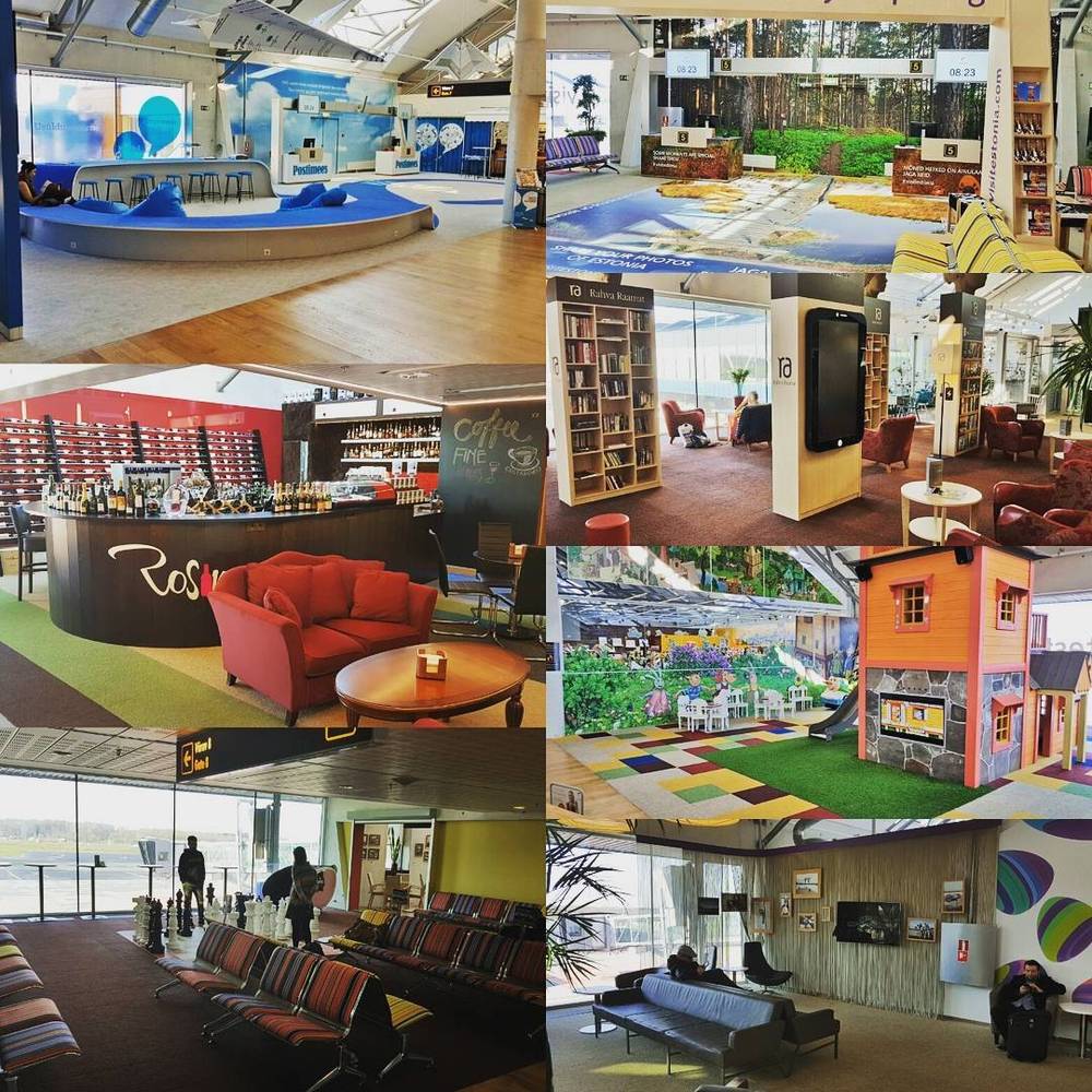Collage of a colourful airport lounge with play areas, seating and a small shop.