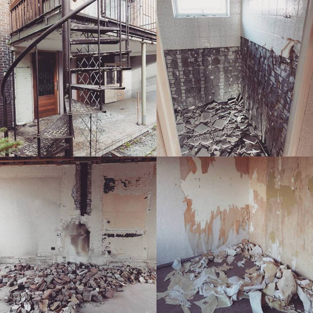 A collage of an exterior spiral staircase and a gutted interior room with charred walls, mid-renovation.