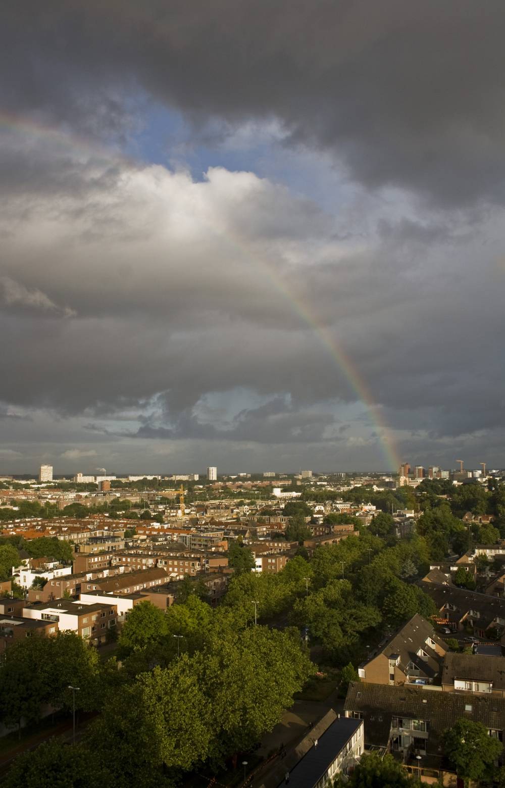 A rainbow arcing over the Utrecht rooftops, seen from a high vantage point above the trees and houses.