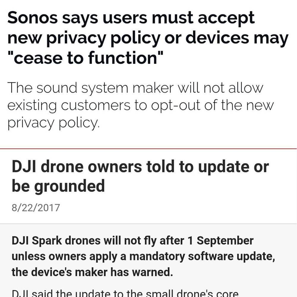 Screenshots of two tech news headlines: Sonos requiring privacy policy acceptance, and DJI drones needing a mandatory update to keep flying.