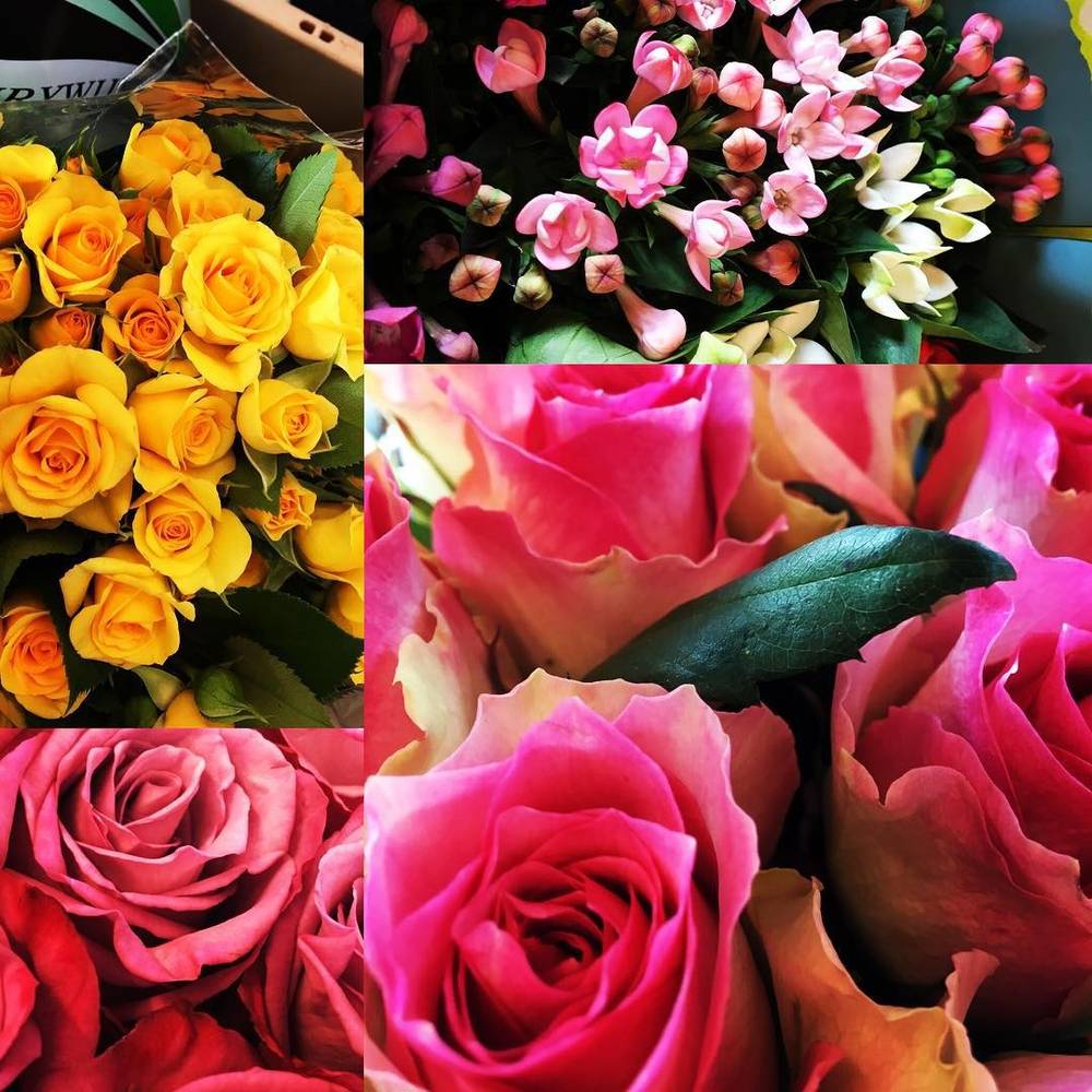 A collage of yellow roses and pink flower bouquets.