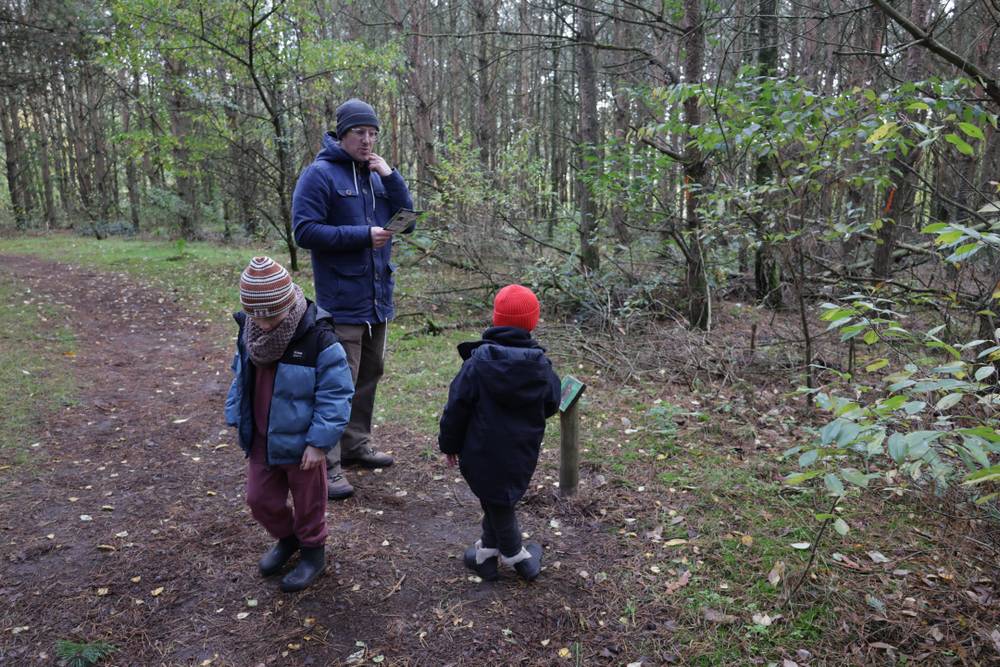 A man and two children stand on a woodland path, one child wearing a red hat.