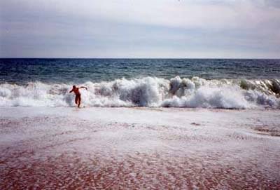A person runs into breaking waves on a sandy beach on an overcast day.