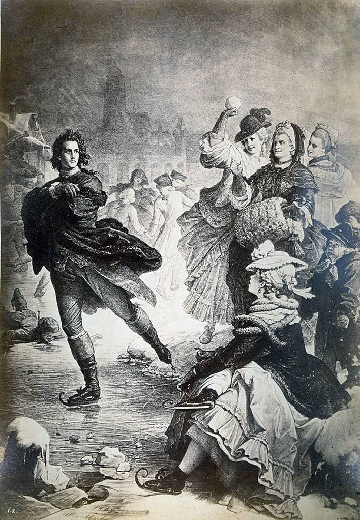 Kaulbach takes poetic licence to its extremes in portraying the tall, dashing Goethe skating effortlessly across the ice under the delighted eyes of his female tribe: 

his adoring mother, his sister Cornelia (with the snowball) and Maximiliane von La Roche (muse and friend of Goethe's and mother of Bettina von Arnim).

Wilhelm von Kaulbach's spirited re-imagining of the skating episode in Book 16 of Dichtung und Wahrheit:

Wilhelm von Kaulbach (1805-1874), Der junge Goethe auf dem Eise, 1867. Image: Universität Düsseldorf