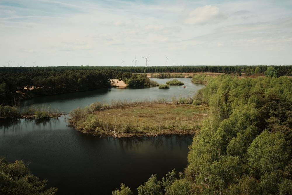 A panoramic view from above of winding lakes weaving through a green forest, with wind turbines silhouetted in the distance