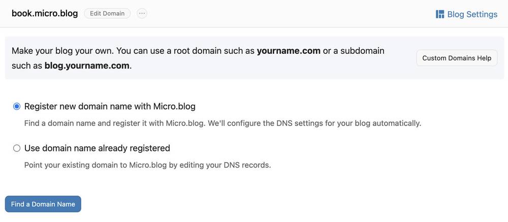 Screenshot shows options for registering a new domain name with Micro.blog or using an existing domain name by editing DNS records.