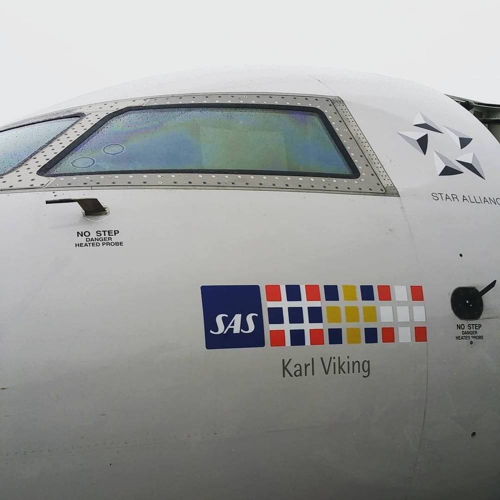 Close-up of an SAS airplane's nose reading 'Karl Viking' with the Star Alliance logo.
