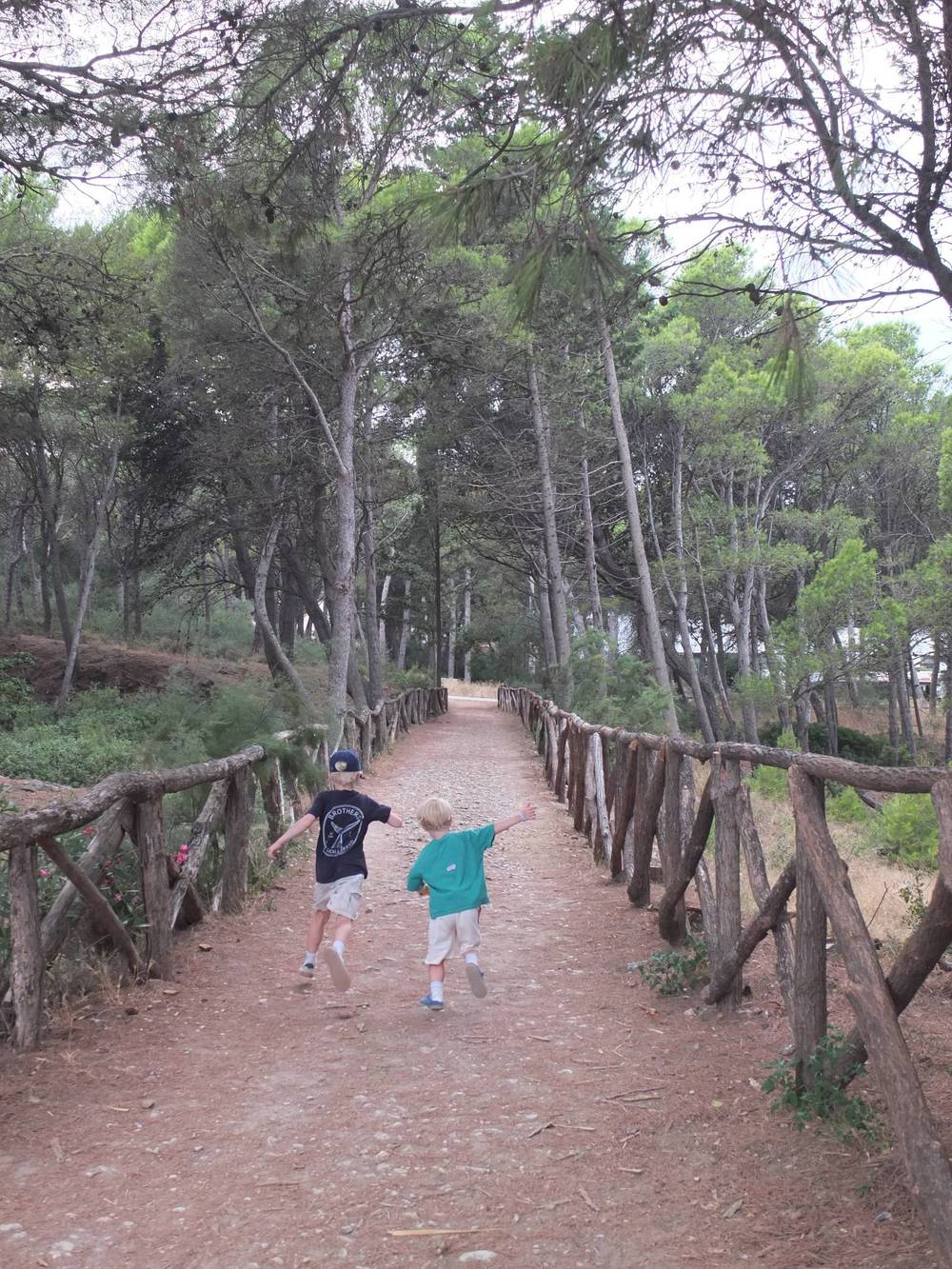 Two children run along a tree-lined path towards the sea.