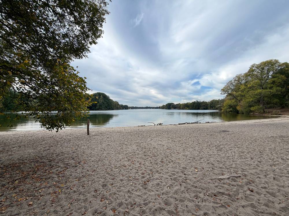 foto vom arbeiterstrand am tegeler see. das wasser ist still, der strand gelblichgrau, der himmel dramatisch bewölkt.