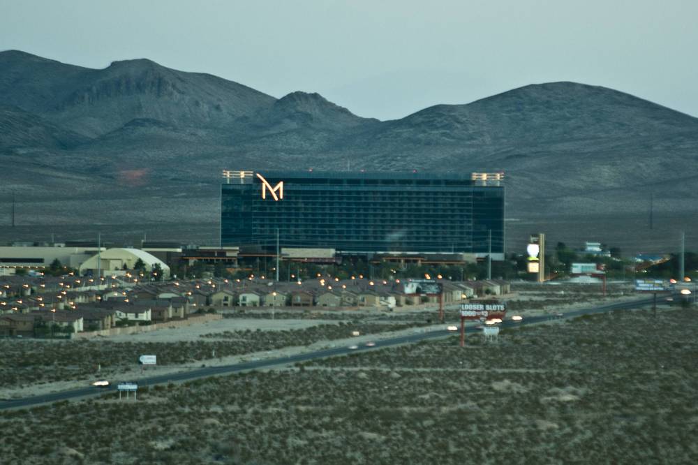 The M Resort casino building against desert mountains, seen from South Point Hotel in Las Vegas.