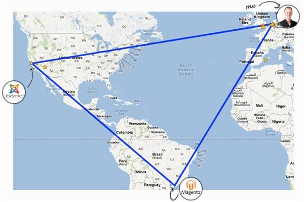 A world map with a triangular travel route drawn between the UK, the US and Brazil, marking a world tour.