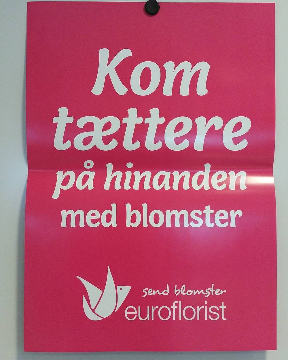 A pink Euroflorist poster reading "Kom taettere paa hinanden med blomster" (get closer with flowers).