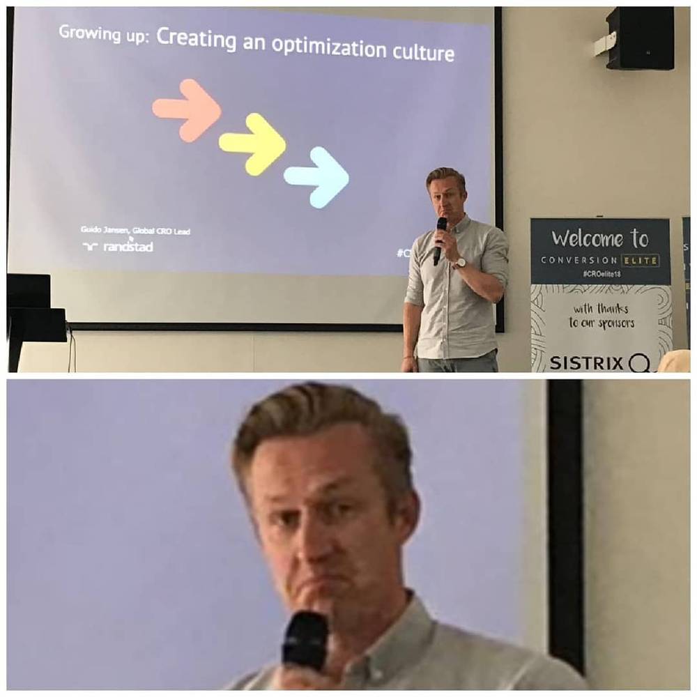 Collage: a man presenting a slide titled 'Creating an optimization culture' on stage, and a close-up mid-speech.