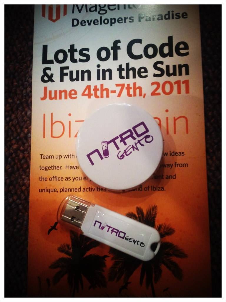 A conference flyer for 'Magento Developers Paradise' in Ibiza with a NitroGento button and USB stick.