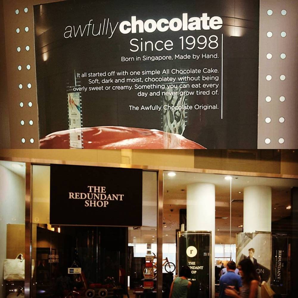Collage of an "Awfully Chocolate" shop sign and "The Redundant Shop" storefront.