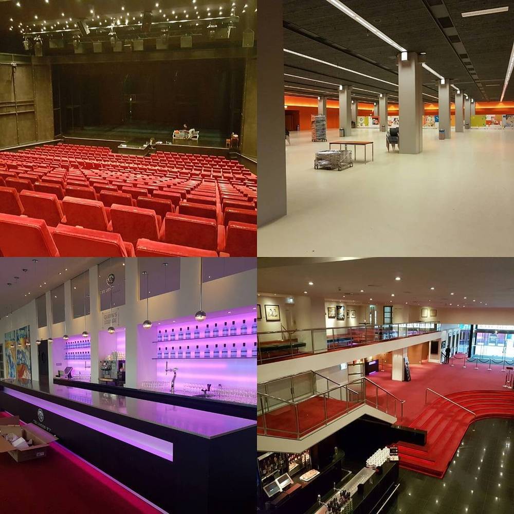 Collage of a modern theater venue with red seating, a bar, and a lobby area.