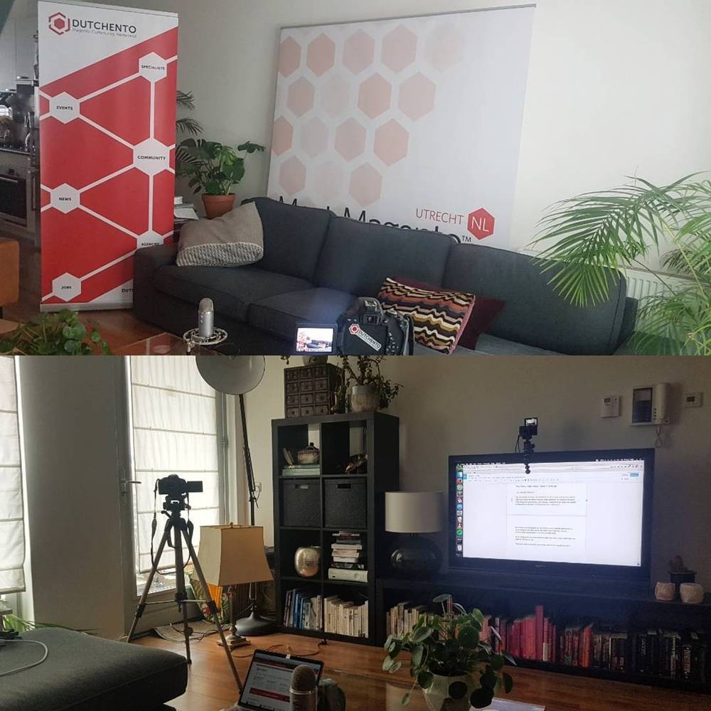 A collage of a home podcast studio: an acoustic panel backdrop, and a desk with recording and camera equipment.