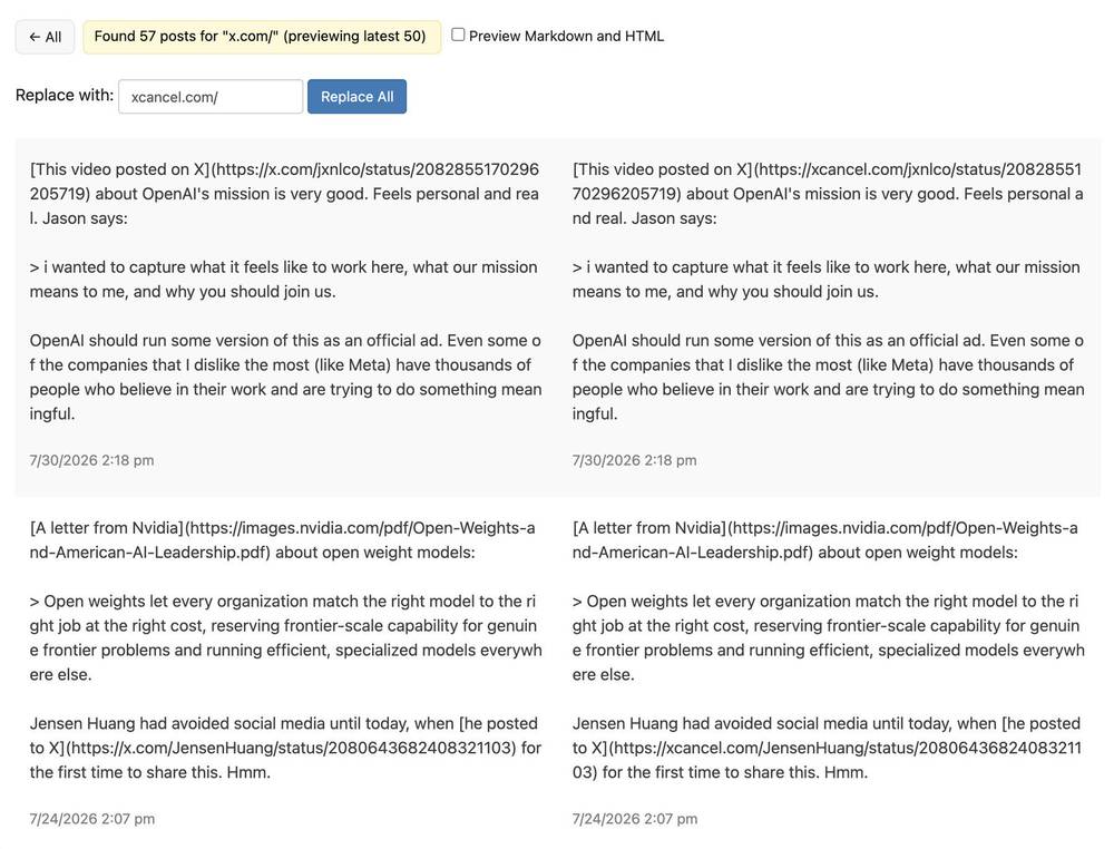 Just remembered I can use Micro.blog’s batch find-and-replace to update all of my previous x.com l