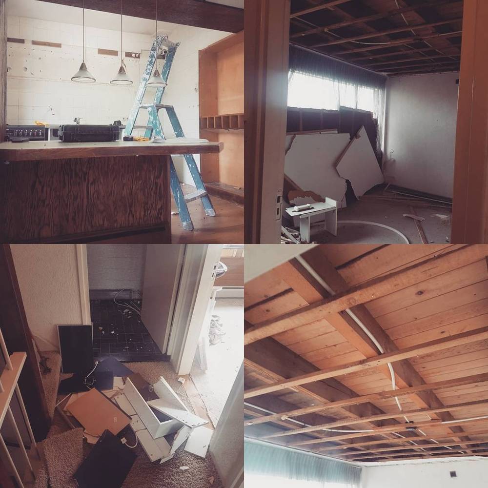 A collage of a home renovation in progress: a stripped kitchen, exposed ceiling beams and debris on the floor.