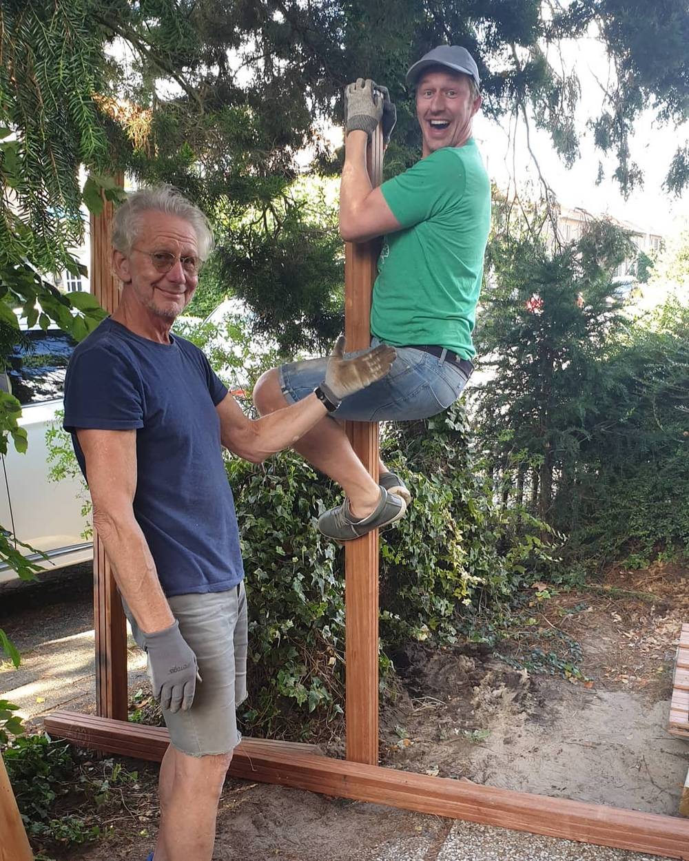 Two men work together to raise a wooden post in a garden, one climbing a ladder.