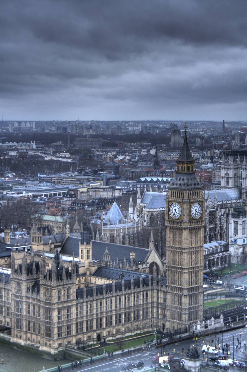 An aerial HDR night view of the Houses of Parliament and Big Ben.