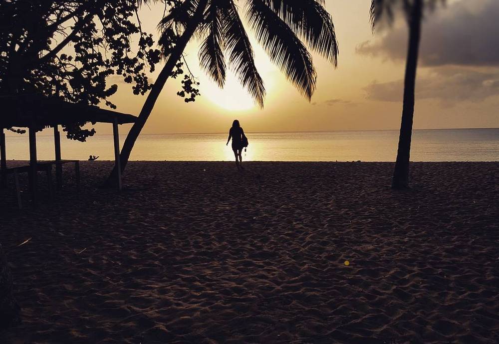 Silhouette of a woman walking along a beach at sunset between palm trees.