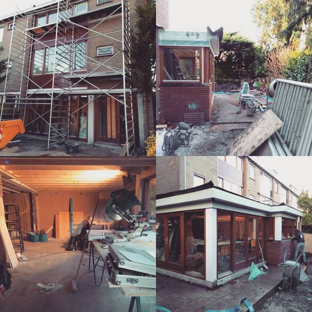 Collage of a home renovation: scaffolding on the exterior, and interior construction work.