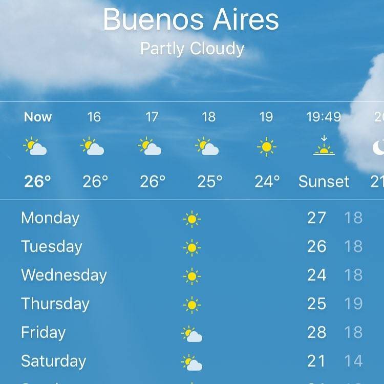 A weather app showing a partly cloudy forecast for Buenos Aires with temperatures around 26 degrees.