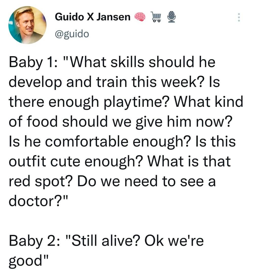 A tweet from Guido X Jansen humorously comparing how differently new parents worry about their first versus second baby.