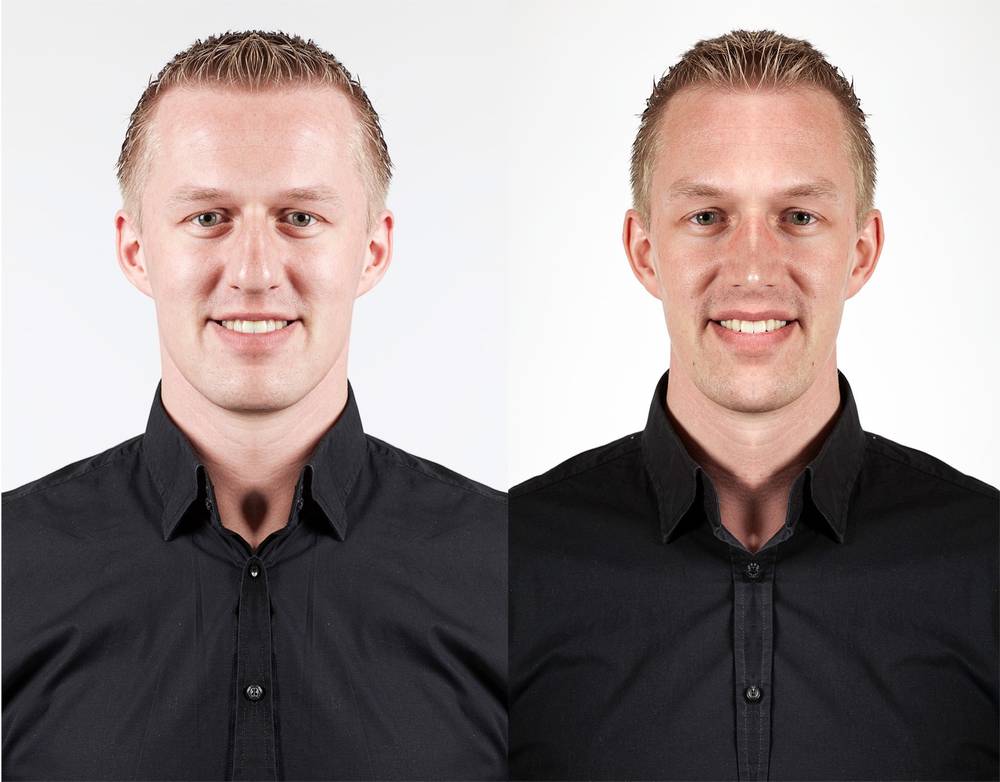 A side-by-side comparison of two mirrored, symmetrical headshot portraits of the same man.