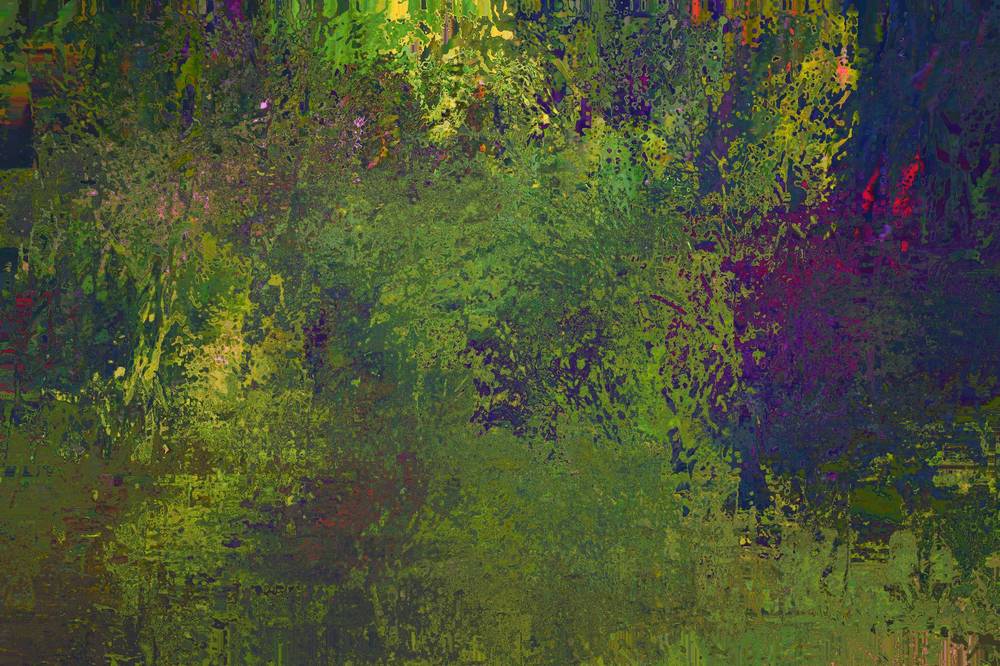 Datamoshed garden scene in vivid greens with a bright yellow-green glow at the top and purple-magenta blooms on the right, textures liquefied into an abstract, impressionistic wash