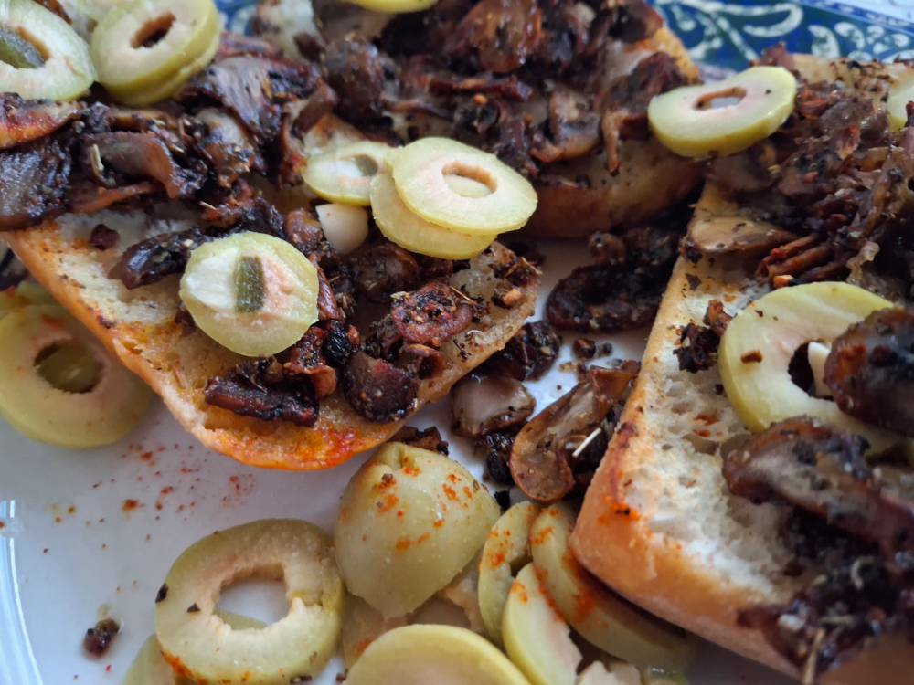 ciabatta bread with mushrooms and green olives . vegan goodness. go vegan. 
