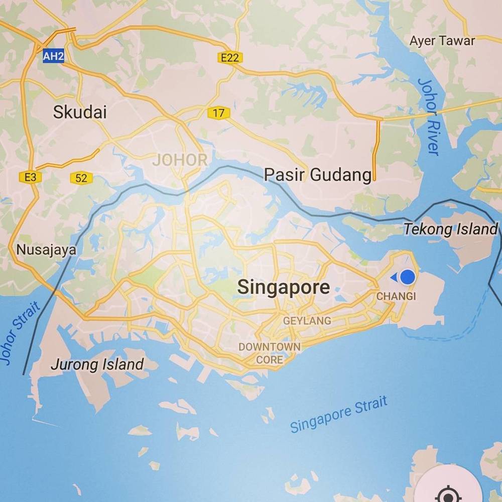 A map showing Singapore and the surrounding Johor region of Malaysia.
