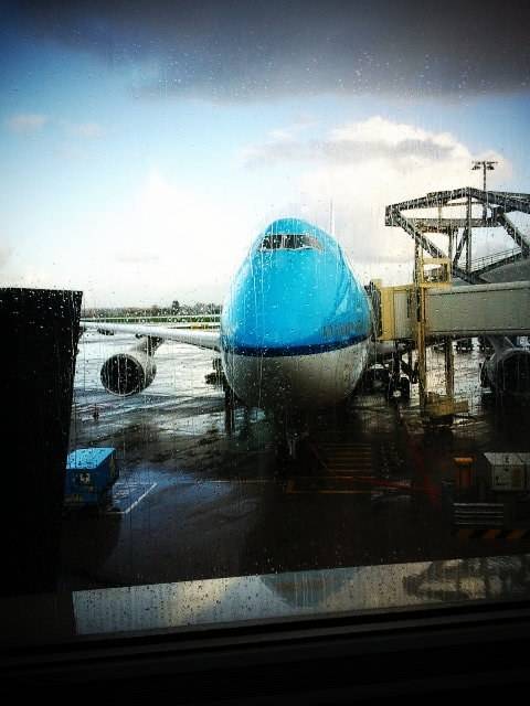 A KLM airplane is parked at the gate, seen through a rainy window.