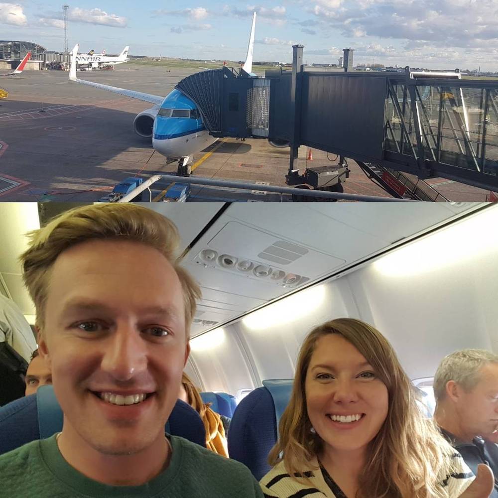 Collage of an airplane at the gate and a couple smiling for a selfie in airplane seats.