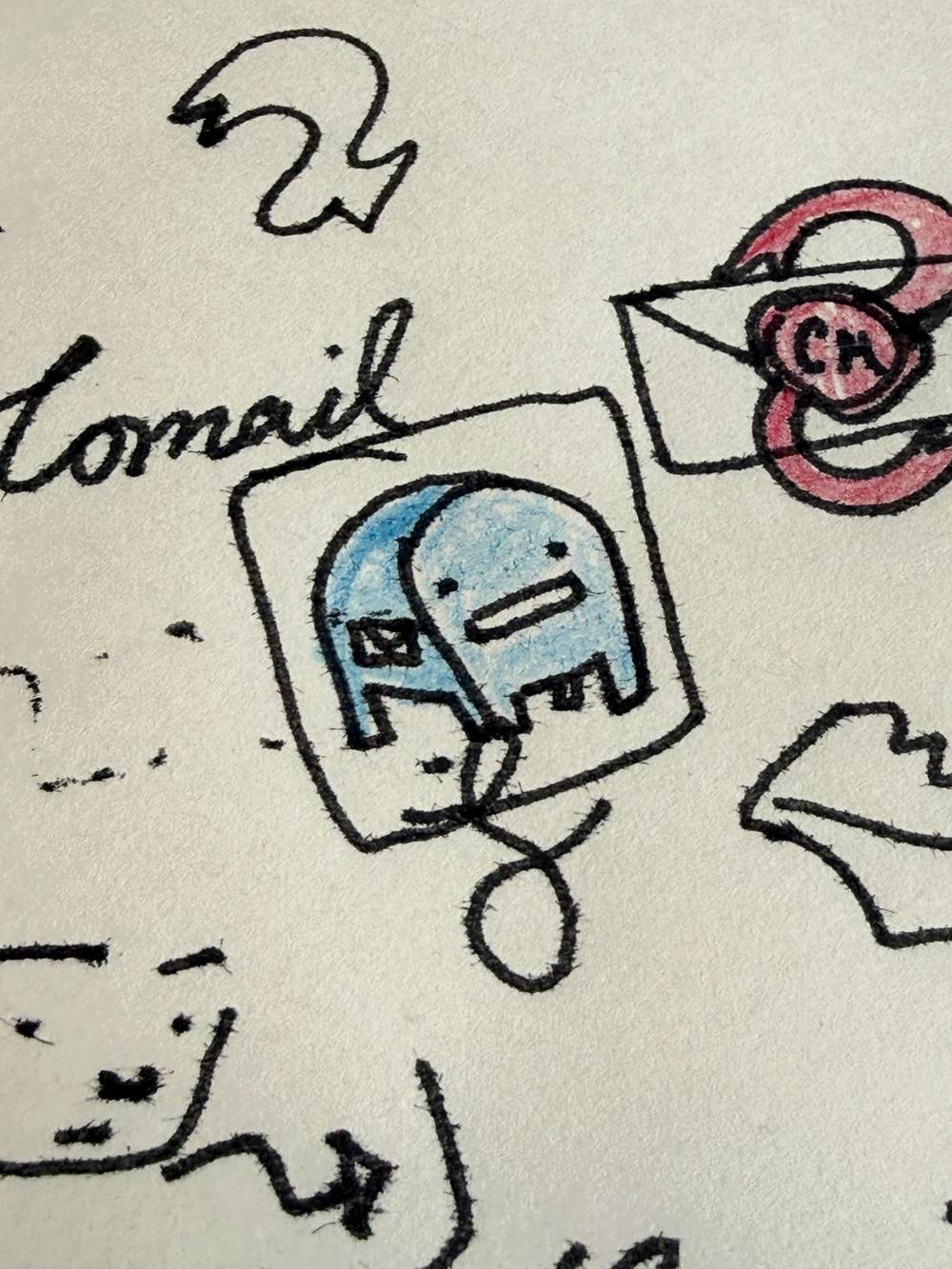 Sketchbook with a bunch of doodles that say comail and a little mailbox