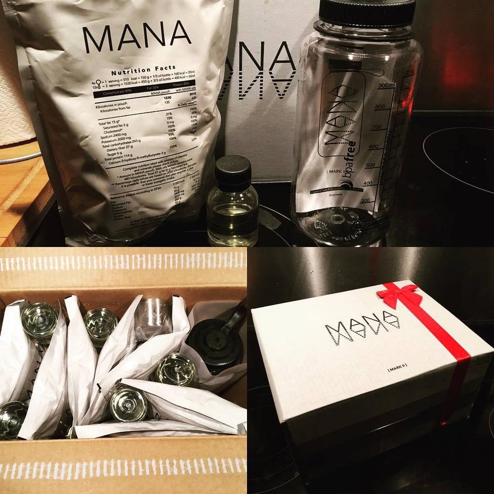 A collage of Mana meal replacement products, glasses, and a wrapped gift box.
