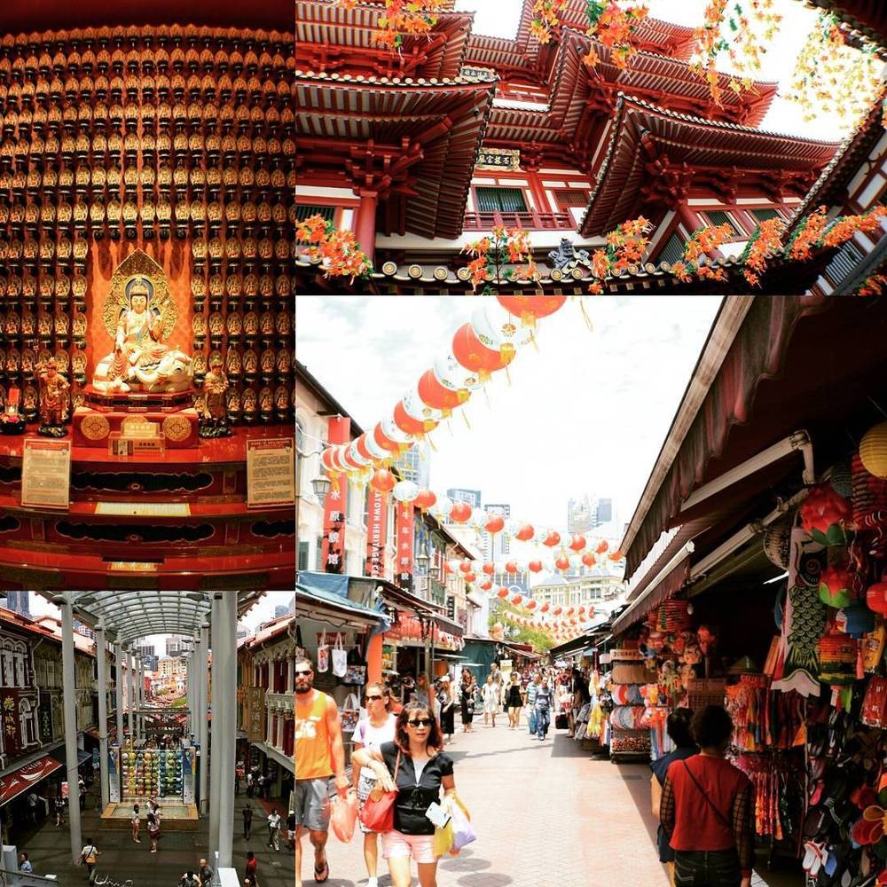 Collage of a red and gold Buddhist temple interior and a street lined with lanterns.