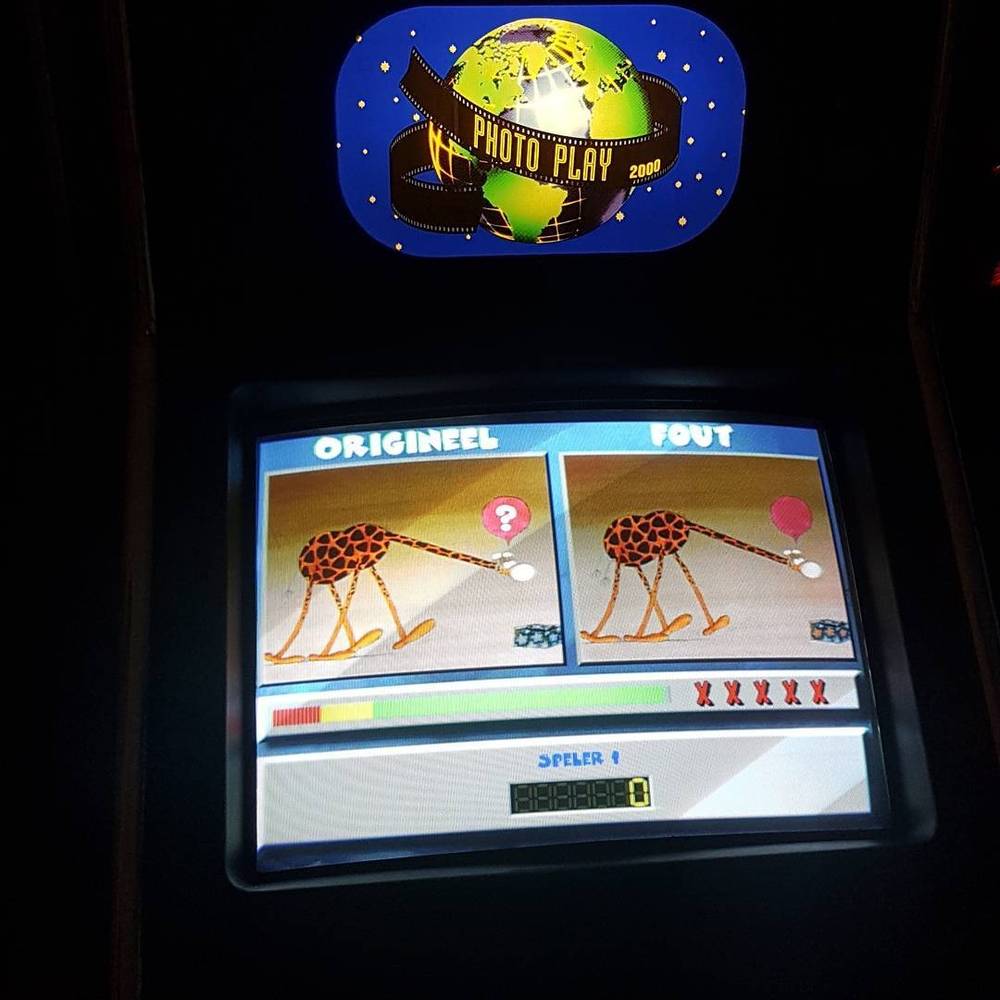 An arcade "spot the difference" game screen showing two nearly identical cartoon ostrich images.