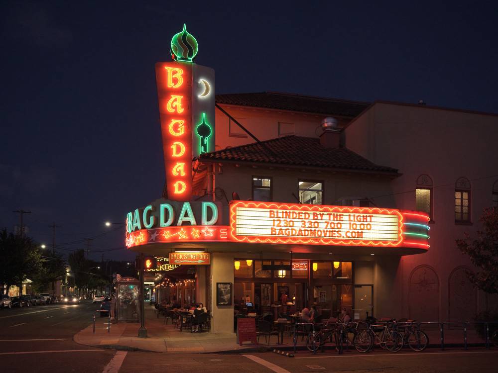 Bagdad Theater Neon Glow at Dusk