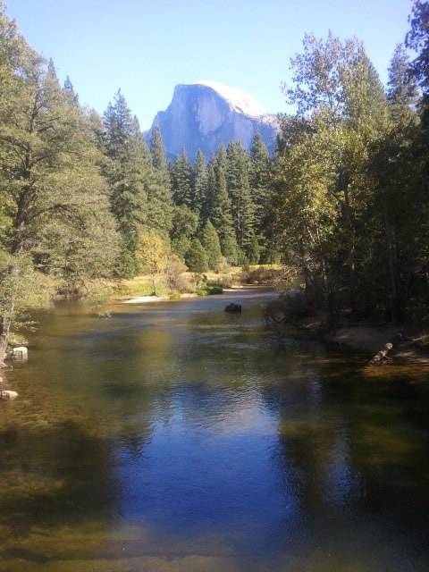 A calm river winds through a forest with Half Dome visible in the distance.