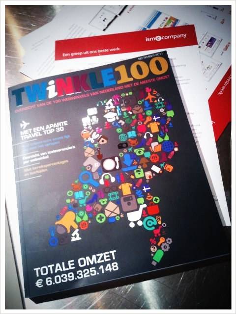 A Twinkle100 magazine cover lists the top Dutch webshops with a total revenue figure.