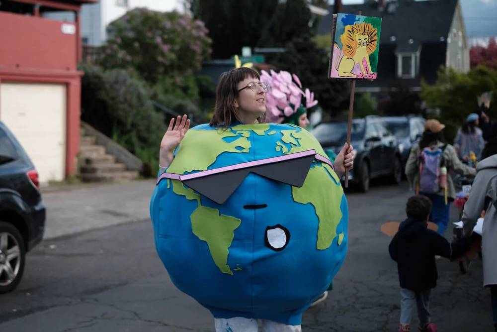 Climate Activist in Earth Costume at Portland Protest