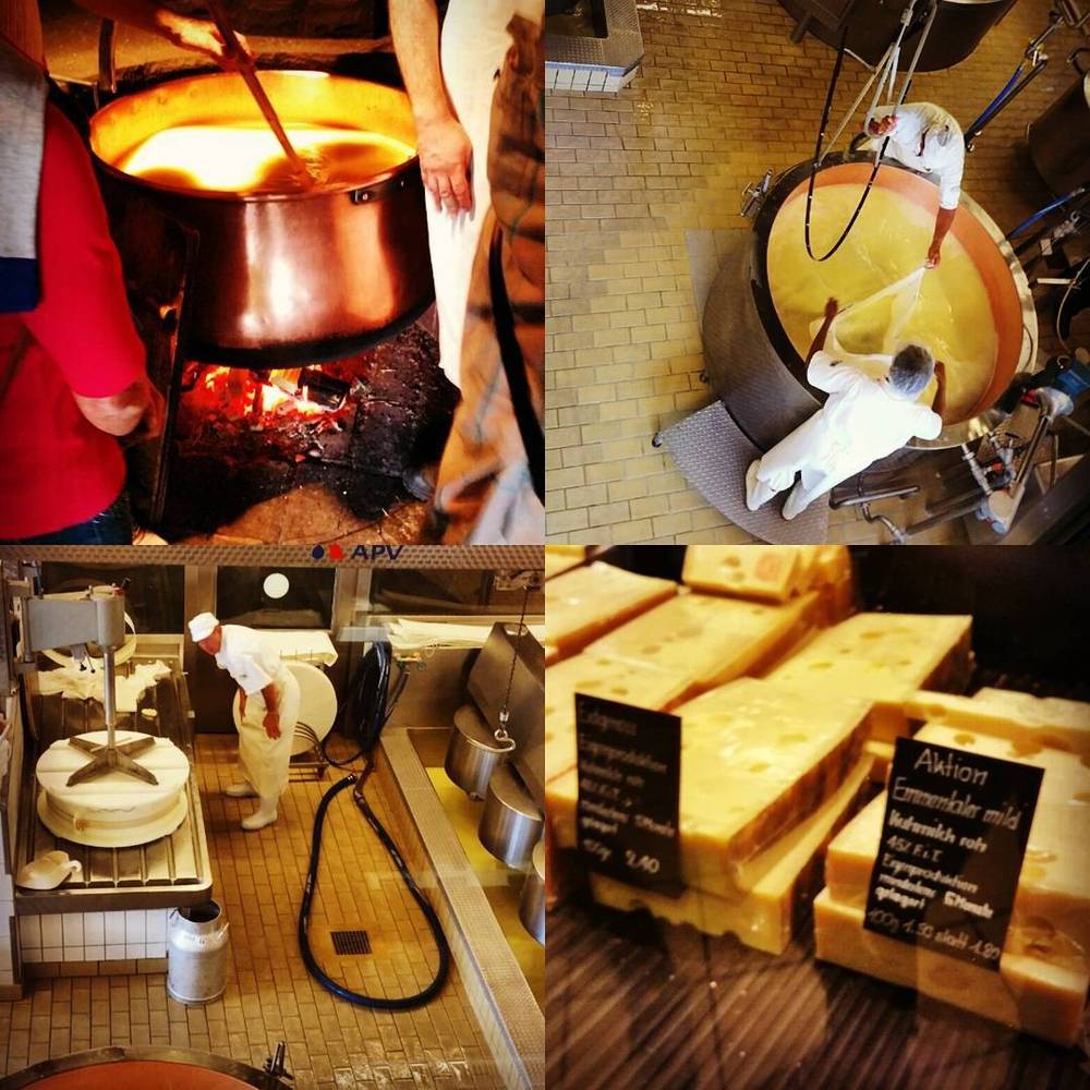 A collage from a Swiss cheese-making demonstration, showing copper kettles over a fire and wheels of cheese for sale.