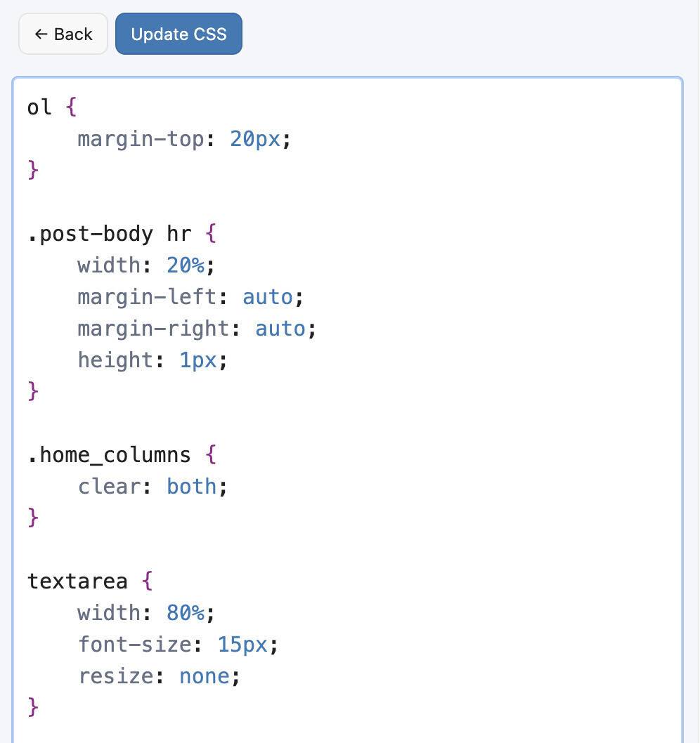 Rewrote the CSS editor in Micro.blog. Much better now, with nicer colors. Here’s a screenshot.