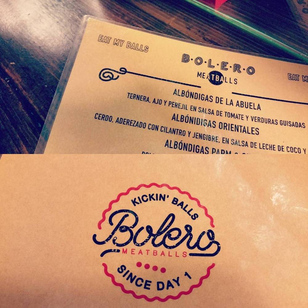 A restaurant menu and coaster for Bolero Meatballs, listing meatball dishes.