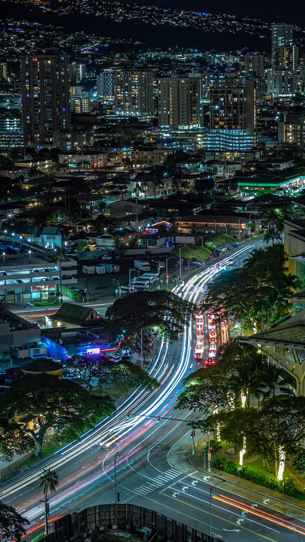 View of Kapiolani Blvd at night from the Ala Moana Hotel