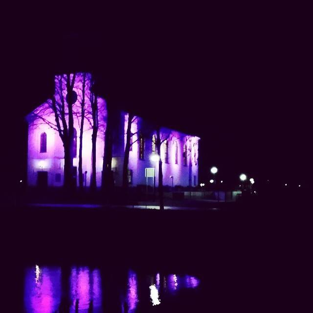 Ruins of an old building illuminated in purple light at night, reflected in water.