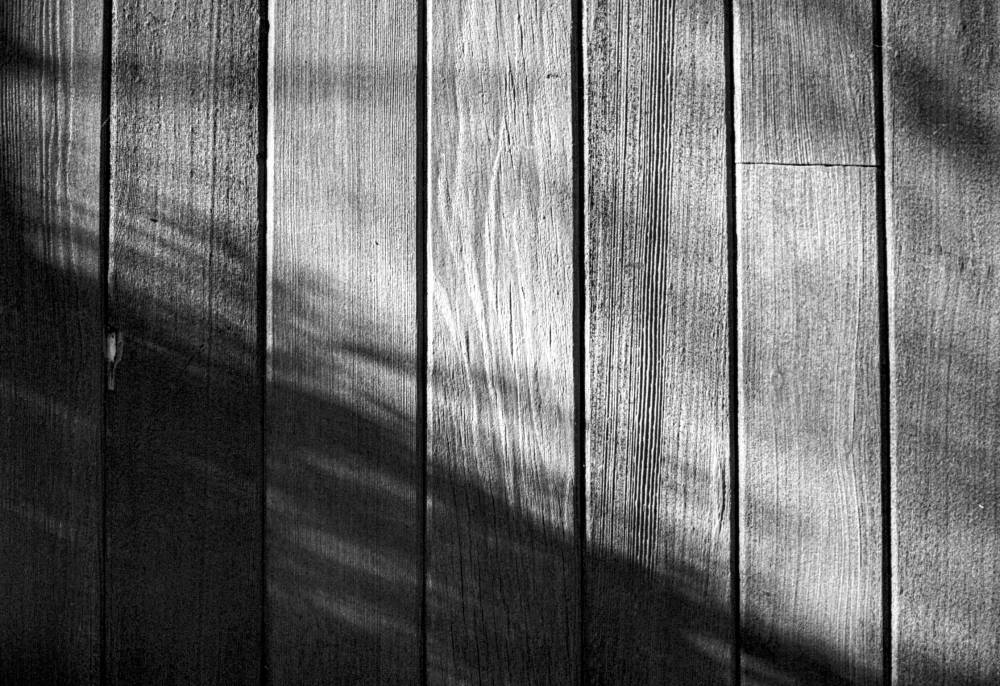 A black and white shot of redwood siding on a house, partially obscured by a diagonal shadow running from the top left of the image to the bottom right.